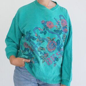 Vintage B.E.S.T. Teal Floral Graphic Sweatshirt Botanical Print Grandmacore M